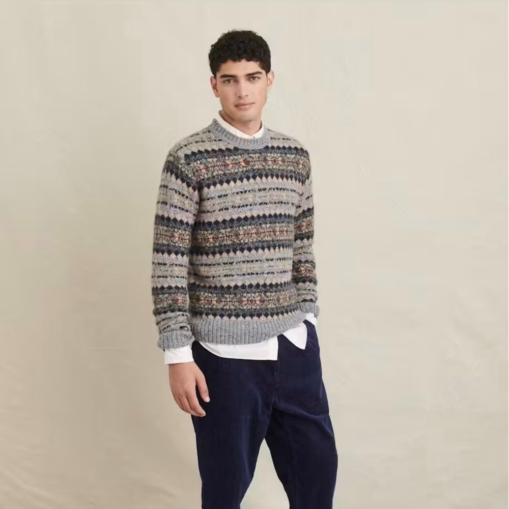 Men's ALEX MILL Diamond Fair Isle Sweater Crew Neck Wool Mohair Alpaca Large